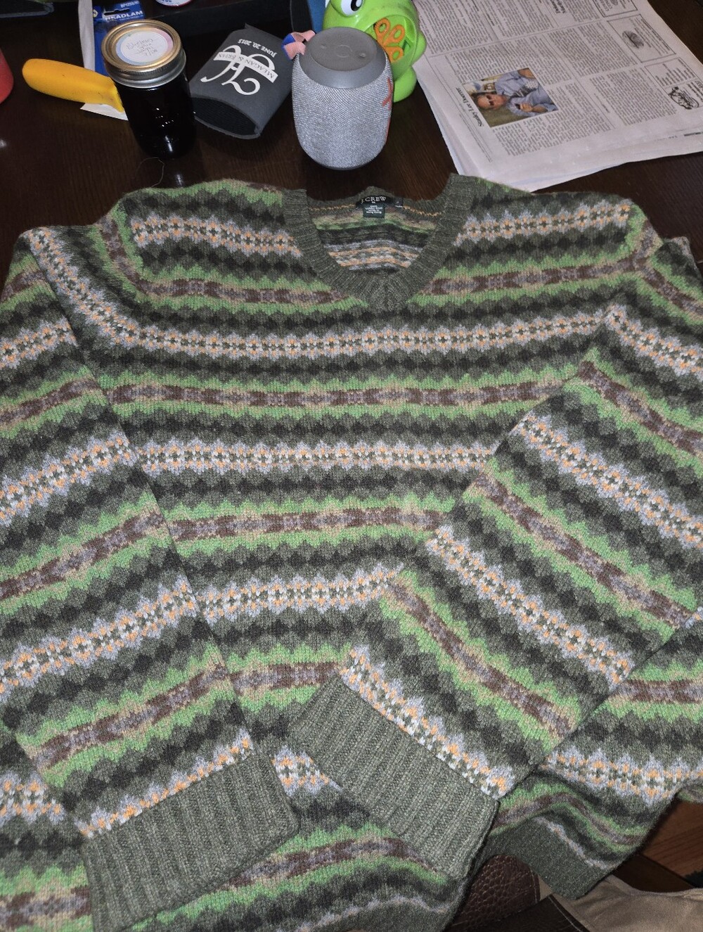 J. Crew Men's V-Neck Fair Isle Sweater in Olive, Green & Brown